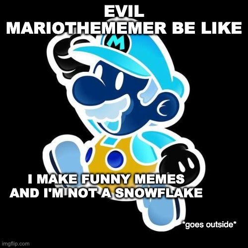 EVIL MARIOTHEMEMER BE LIKE; I MAKE FUNNY MEMES AND I'M NOT A SNOWFLAKE; *goes outside* | made w/ Imgflip meme maker