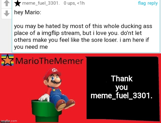 Thank you meme_fuel_3301. | image tagged in mariothememer announcement template v1 | made w/ Imgflip meme maker