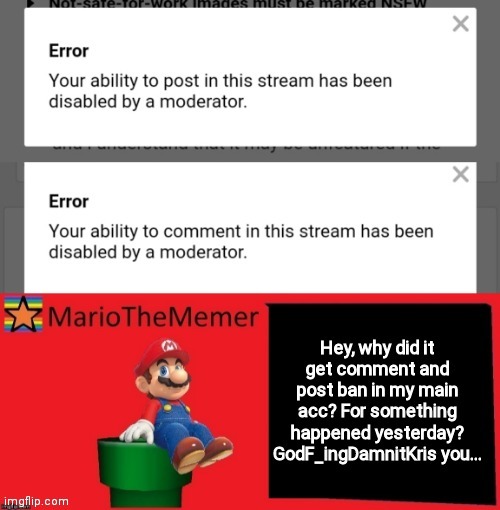 I'm MarioTheMemer's alt and GodF_ingDamnitKris banned me again (even though i did nothing wrong today) | made w/ Imgflip meme maker