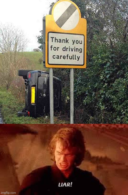 Ironic | image tagged in anakin liar,funny,driving,stupid signs,task failed successfully,how many other lies have i been told by the council | made w/ Imgflip meme maker