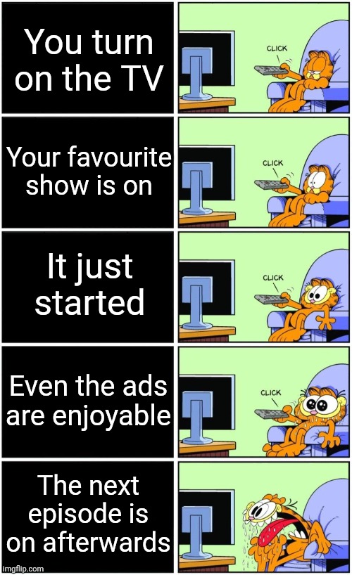 Garfield reaction | You turn on the TV; Your favourite show is on; It just started; Even the ads are enjoyable; The next episode is on afterwards | image tagged in garfield reaction | made w/ Imgflip meme maker