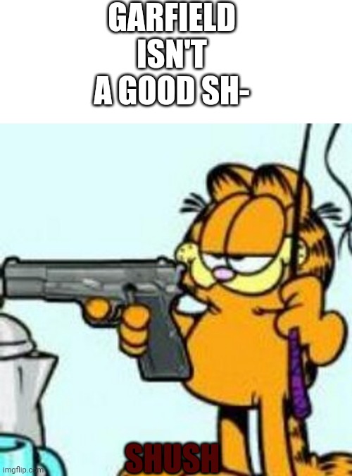 Garfield about to kill your ass | GARFIELD ISN'T A GOOD SH-; SHUSH | image tagged in garfield about to kill your ass | made w/ Imgflip meme maker