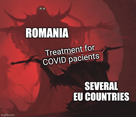 Man giving sword to larger man | ROMANIA; Treatment for COVID pacients; SEVERAL EU COUNTRIES | image tagged in man giving sword to larger man,coronavirus,covid-19,romania,memes | made w/ Imgflip meme maker