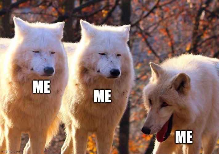wolves laughing meme | ME; ME; ME | image tagged in wolves laughing meme | made w/ Imgflip meme maker
