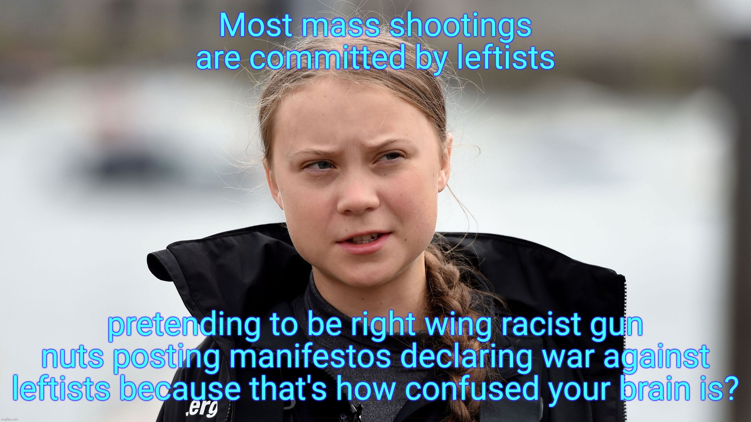 Most mass shootings are committed by leftists pretending to be right wing racist gun nuts posting manifestos declaring war against leftists  | image tagged in greta thunberg whatchu talkin about willis | made w/ Imgflip meme maker