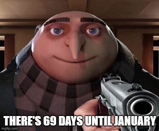Only a few specific people will understand this meme | THERE'S 69 DAYS UNTIL JANUARY | image tagged in gru gun | made w/ Imgflip meme maker