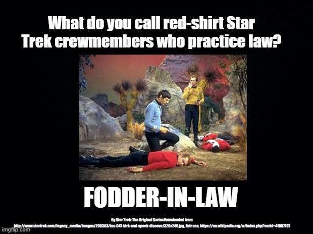 Fodder-in-law | What do you call red-shirt Star Trek crewmembers who practice law? FODDER-IN-LAW; By Star Trek: The Original SeriesDownloaded from http://www.startrek.com/legacy_media/images/200303/tos-047-kirk-and-spock-discove/320x240.jpg, Fair use, https://en.wikipedia.org/w/index.php?curid=41087767 | image tagged in pun,star trek,redshirts | made w/ Imgflip meme maker