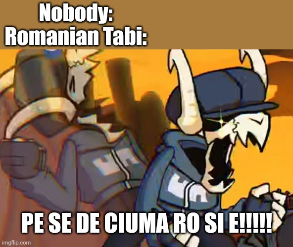 Romanian Tabi Meme | Nobody:
Romanian Tabi:; PE SE DE CIUMA RO SI E!!!!! | image tagged in tabi's pain,romania,fnf,friday night funkin,psd ciuma rosie,memes | made w/ Imgflip meme maker