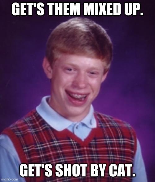 GET'S THEM MIXED UP. GET'S SHOT BY CAT. | made w/ Imgflip meme maker
