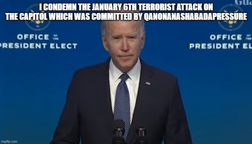 Just some silly wordplay | I CONDEMN THE JANUARY 6TH TERRORIST ATTACK ON THE CAPITOL WHICH WAS COMMITTED BY QANONANASHABADAPRESSURE | image tagged in wordplay,bad pun | made w/ Imgflip meme maker