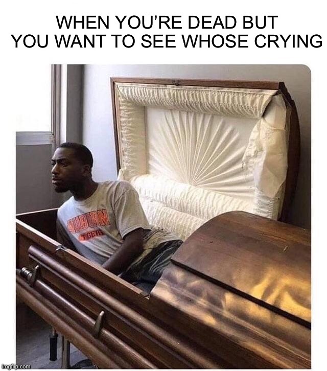 When you’re dead inside but wanna see who’s crying ;) | WHEN YOU’RE DEAD BUT YOU WANT TO SEE WHOSE CRYING | image tagged in memes,funny,dead,funeral,crying,lmao | made w/ Imgflip meme maker