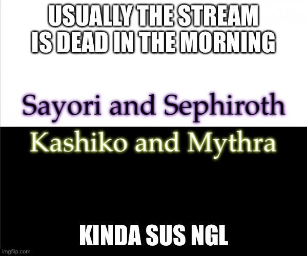 Two sides | USUALLY THE STREAM IS DEAD IN THE MORNING; KINDA SUS NGL | image tagged in two sides,sayori and sephiroth,kashiko murasaki and mythra | made w/ Imgflip meme maker