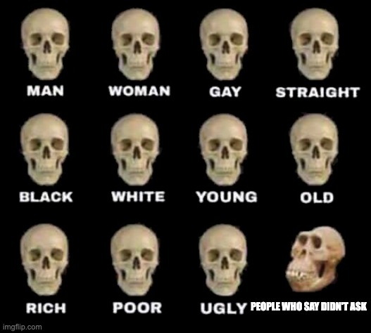 man woman gay straight skull | PEOPLE WHO SAY DIDN'T ASK | image tagged in man woman gay straight skull | made w/ Imgflip meme maker