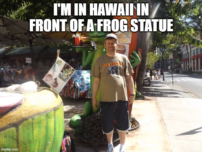 Mario Terence | I'M IN HAWAII IN FRONT OF A FROG STATUE | image tagged in mario terence | made w/ Imgflip meme maker