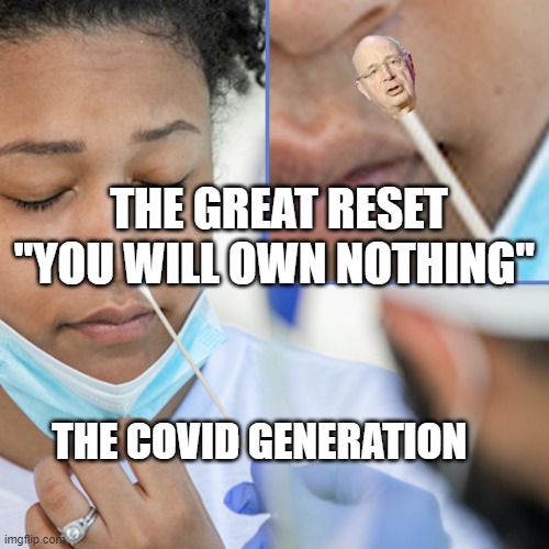 klaus swab | THE GREAT RESET "YOU WILL OWN NOTHING"; THE COVID GENERATION | image tagged in klaus swab | made w/ Imgflip meme maker