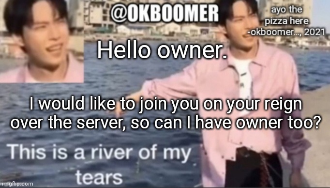 E | Hello owner. I would like to join you on your reign over the server, so can I have owner too? | image tagged in e | made w/ Imgflip meme maker