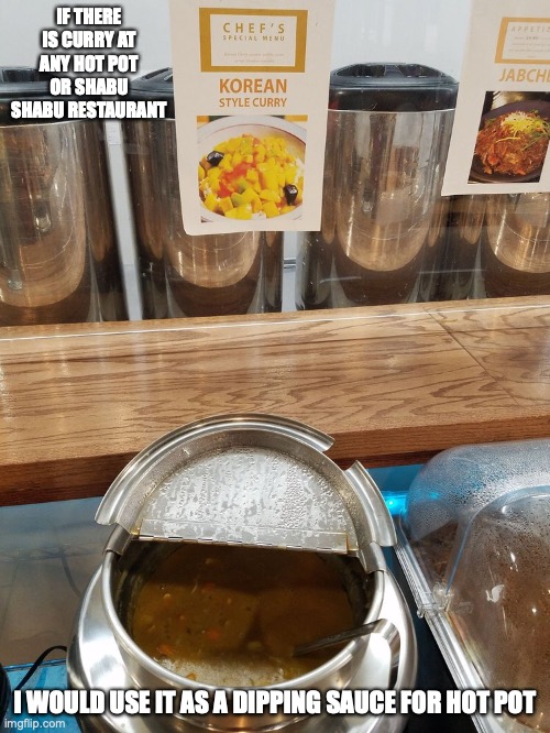 Curry in Hot Pot Restaurant | IF THERE IS CURRY AT ANY HOT POT OR SHABU SHABU RESTAURANT; I WOULD USE IT AS A DIPPING SAUCE FOR HOT POT | image tagged in food,restaurant,memes | made w/ Imgflip meme maker