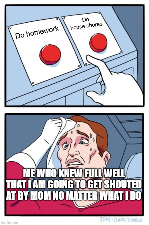 No matter what | Do house chores; Do homework; ME WHO KNEW FULL WELL THAT I AM GOING TO GET SHOUTED AT BY MOM NO MATTER WHAT I DO | image tagged in memes,two buttons | made w/ Imgflip meme maker