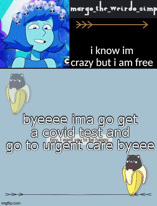 Margos banana cat lapis temp | byeeee ima go get a covid test and go to urgent care byeee | image tagged in margos banana cat lapis temp | made w/ Imgflip meme maker