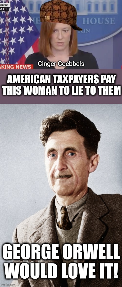 She'd be the perfect example of a Minitrue employee! | Ginger Goebbels; AMERICAN TAXPAYERS PAY THIS WOMAN TO LIE TO THEM; GEORGE ORWELL WOULD LOVE IT! | image tagged in confused psaki,george orwell,memes,lies,propaganda,joe biden | made w/ Imgflip meme maker