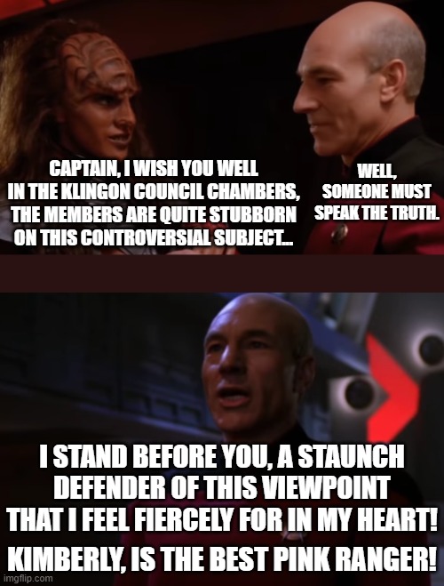 I'm more partial to Kat myself. | CAPTAIN, I WISH YOU WELL IN THE KLINGON COUNCIL CHAMBERS, THE MEMBERS ARE QUITE STUBBORN ON THIS CONTROVERSIAL SUBJECT... WELL, SOMEONE MUST SPEAK THE TRUTH. I STAND BEFORE YOU, A STAUNCH DEFENDER OF THIS VIEWPOINT THAT I FEEL FIERCELY FOR IN MY HEART! KIMBERLY, IS THE BEST PINK RANGER! | image tagged in captain returning tea,picard speaking at klingon high council,some arguments span the breadth of time and culture | made w/ Imgflip meme maker
