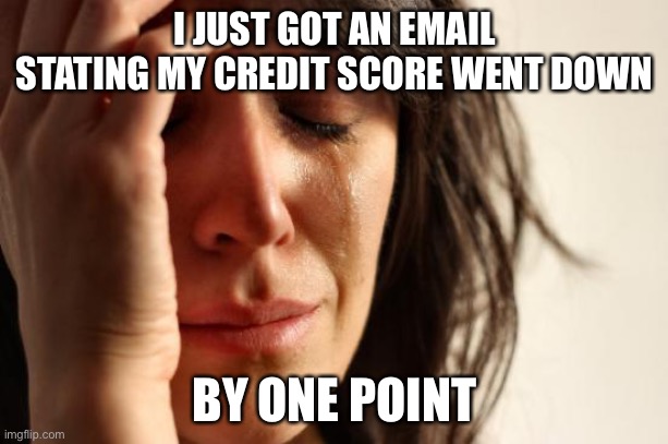 First World Problems Meme | I JUST GOT AN EMAIL STATING MY CREDIT SCORE WENT DOWN; BY ONE POINT | image tagged in memes,first world problems,credit card,true story bro | made w/ Imgflip meme maker