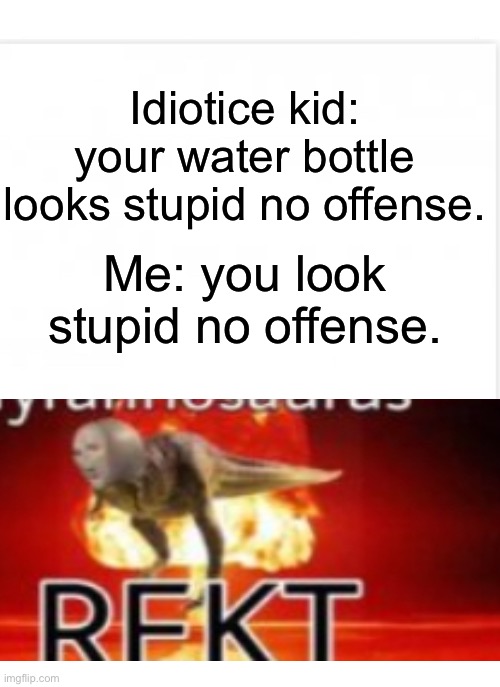 I actually did this :-) | Idiotice kid: your water bottle looks stupid no offense. Me: you look stupid no offense. | image tagged in tyrannosaurus rekt,stupid people,burn,oof | made w/ Imgflip meme maker