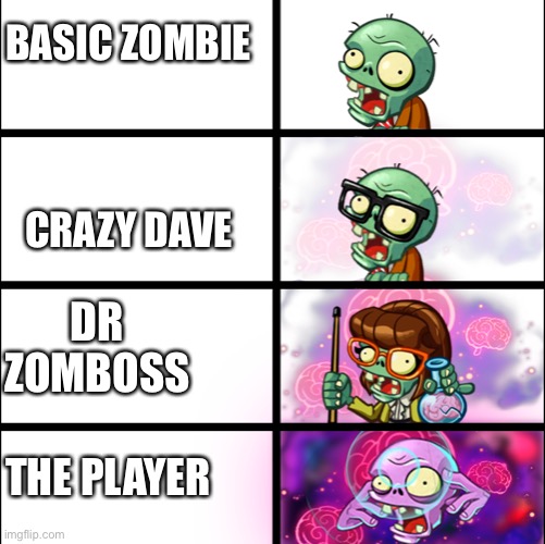 Pvz heroes Levels of smort | BASIC ZOMBIE; CRAZY DAVE; DR ZOMBOSS; THE PLAYER | image tagged in pvz,plants vs zombies,zombies vs plants,pvz heros,memes,meme | made w/ Imgflip meme maker