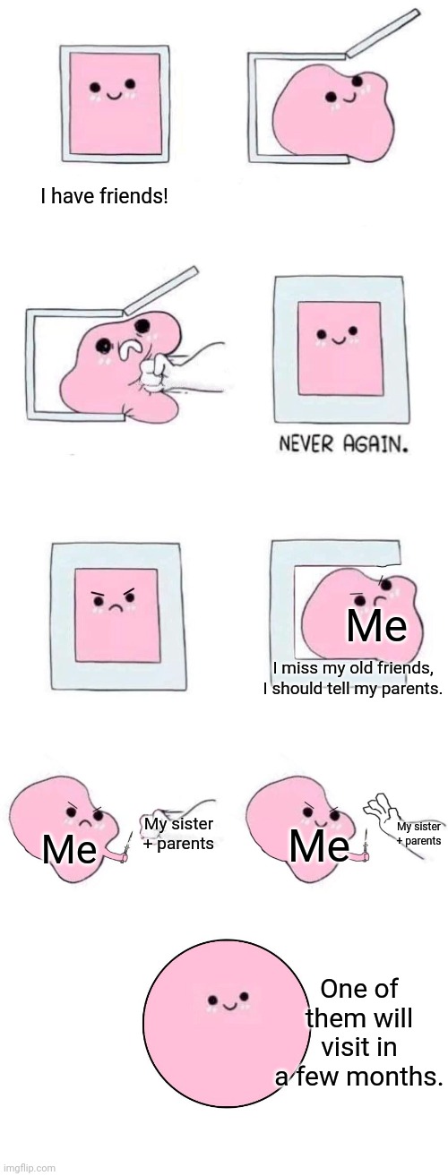 It's true. | I have friends! Me; I miss my old friends, I should tell my parents. My sister + parents; My sister + parents; Me; Me; One of them will visit in a few months. | image tagged in pink blob in a box with more panels | made w/ Imgflip meme maker