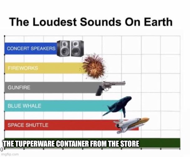 The Loudest Sounds on Earth | THE TUPPERWARE CONTAINER FROM THE STORE | image tagged in the loudest sounds on earth | made w/ Imgflip meme maker