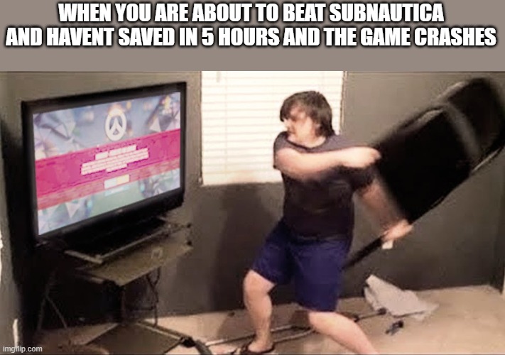 subnautica | WHEN YOU ARE ABOUT TO BEAT SUBNAUTICA AND HAVENT SAVED IN 5 HOURS AND THE GAME CRASHES | image tagged in angry kiddo,subnautica | made w/ Imgflip meme maker