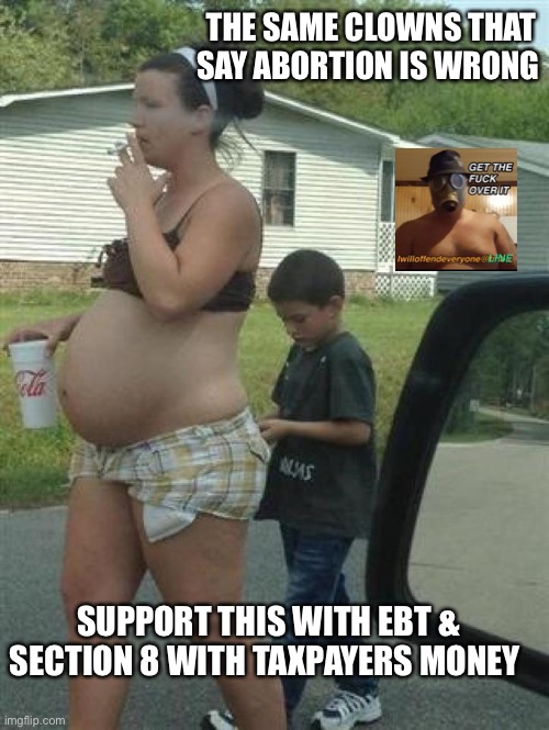 T | THE SAME CLOWNS THAT SAY ABORTION IS WRONG; SUPPORT THIS WITH EBT & SECTION 8 WITH TAXPAYERS MONEY | image tagged in white trash,pregnant white trash,i will offend everyone | made w/ Imgflip meme maker