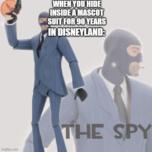 Meet The Spy | WHEN YOU HIDE INSIDE A MASCOT SUIT FOR 90 YEARS; IN DISNEYLAND: | image tagged in meet the spy,disney,video games | made w/ Imgflip meme maker