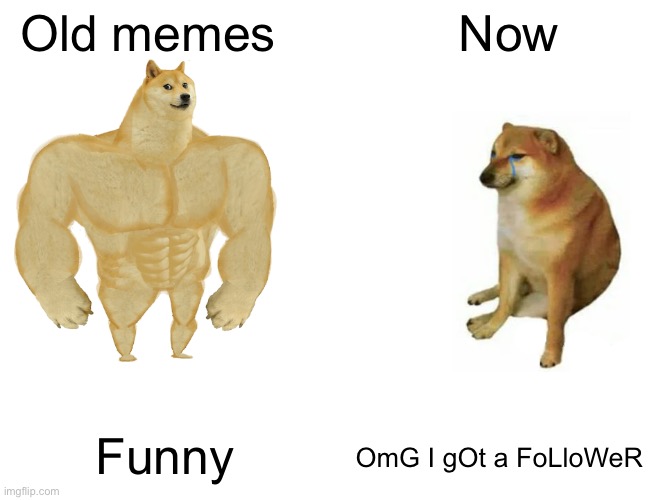 Buff Doge vs. Cheems | Old memes; Now; Funny; OmG I gOt a FoLloWeR | image tagged in memes,buff doge vs cheems,gifs,not really a gif,oh wow are you actually reading these tags | made w/ Imgflip meme maker