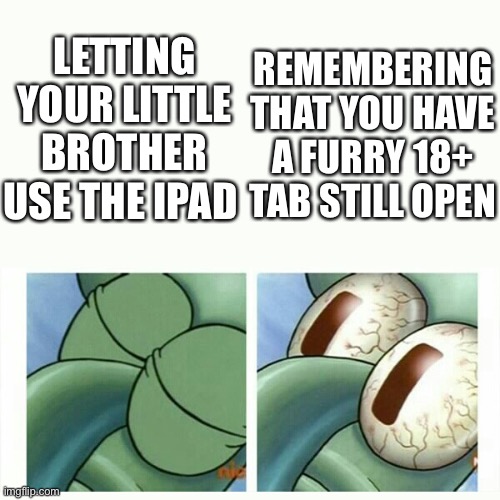 Mom will be angry if she finds out | REMEMBERING THAT YOU HAVE A FURRY 18+ TAB STILL OPEN; LETTING YOUR LITTLE BROTHER USE THE IPAD | image tagged in squidward sleep,furry,furry memes,nsfw | made w/ Imgflip meme maker