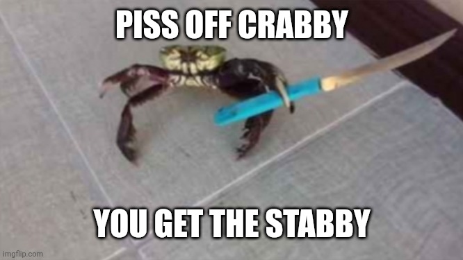 Superior version of one of my other memes |  PISS OFF CRABBY; YOU GET THE STABBY | image tagged in crab,knife,violence | made w/ Imgflip meme maker