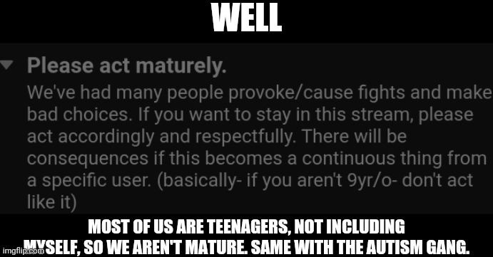 WELL; MOST OF US ARE TEENAGERS, NOT INCLUDING MYSELF, SO WE AREN'T MATURE. SAME WITH THE AUTISM GANG. | made w/ Imgflip meme maker