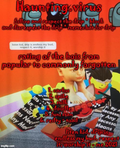 virus's drip temp | rating of the bois from popular to commonly forgotten; 1. carlos
2. spike
3. milk
4. doodle
5. funi man
6. redty + toad | image tagged in virus's drip temp | made w/ Imgflip meme maker