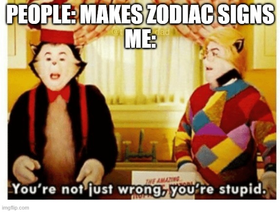 They are so dumb, get cancer | PEOPLE: MAKES ZODIAC SIGNS
ME: | image tagged in you're not just wrong your stupid,zodiac | made w/ Imgflip meme maker