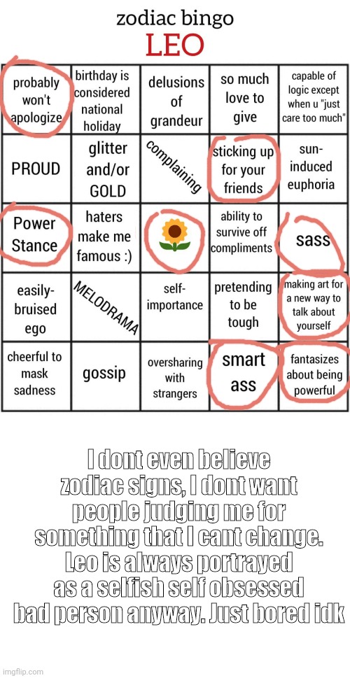 I havent eaten anything today | I dont even believe zodiac signs, I dont want people judging me for something that I cant change. Leo is always portrayed as a selfish self obsessed bad person anyway. Just bored idk | image tagged in leo bingo,blank white template | made w/ Imgflip meme maker