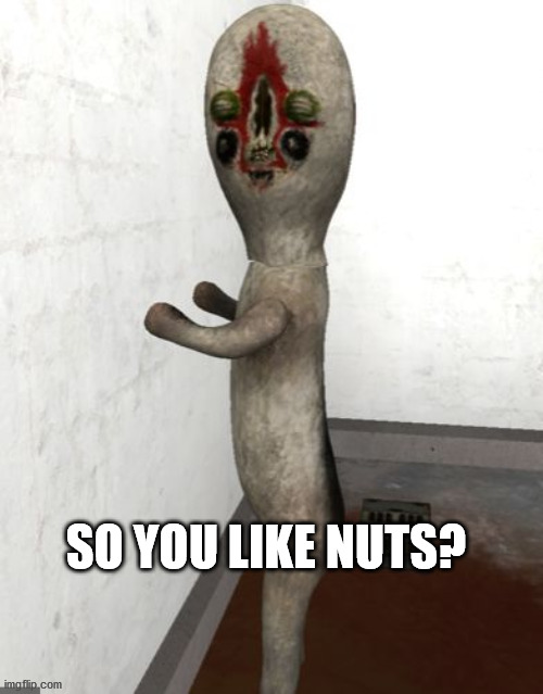 Peanut (SCP-173) | SO YOU LIKE NUTS? | image tagged in scp-173 is looking your way,scp meme,scp,scp 173 | made w/ Imgflip meme maker