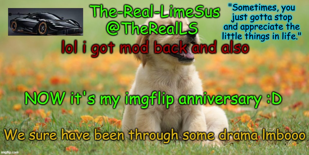 formal thankie in the comments | lol i got mod back and also; NOW it's my imgflip anniversary :D; We sure have been through some drama lmbooo | image tagged in limesus doggo announcement temp v1 4 | made w/ Imgflip meme maker