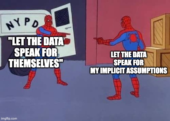Data Science Sense Tingling | "LET THE DATA
SPEAK FOR
THEMSELVES"; LET THE DATA
SPEAK FOR
MY IMPLICIT ASSUMPTIONS | image tagged in spiderman mirror | made w/ Imgflip meme maker
