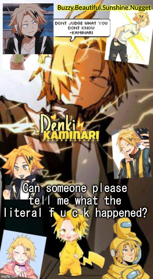 Denki temp | Can someone please tell me what the literal f u c k happened? | image tagged in denki temp | made w/ Imgflip meme maker