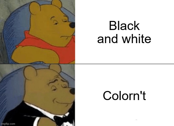 N't meme | Black and white; Colorn't | image tagged in memes,tuxedo winnie the pooh,n't meme | made w/ Imgflip meme maker