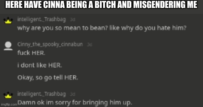 why does cinna hate me i never did anything wrong | HERE HAVE CINNA BEING A BITCH AND MISGENDERING ME | made w/ Imgflip meme maker
