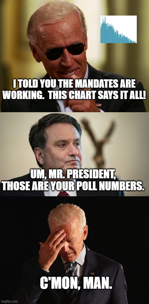 Those Are Your Poll Numbers, Sir. | I TOLD YOU THE MANDATES ARE WORKING.  THIS CHART SAYS IT ALL! UM, MR. PRESIDENT, THOSE ARE YOUR POLL NUMBERS. C'MON, MAN. | image tagged in cool joe biden,c'mon man,chief of staff,covid,poll numbers,mandates | made w/ Imgflip meme maker