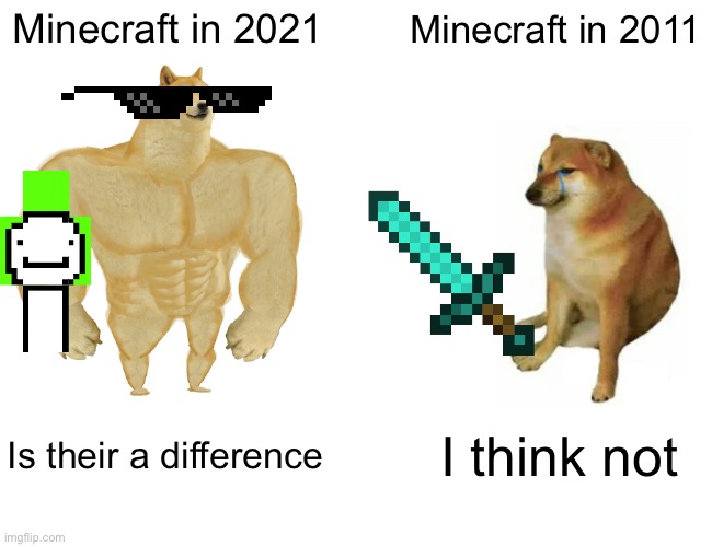 Minecraft | Minecraft in 2021; Minecraft in 2011; Is their a difference; I think not | image tagged in memes,buff doge vs cheems | made w/ Imgflip meme maker