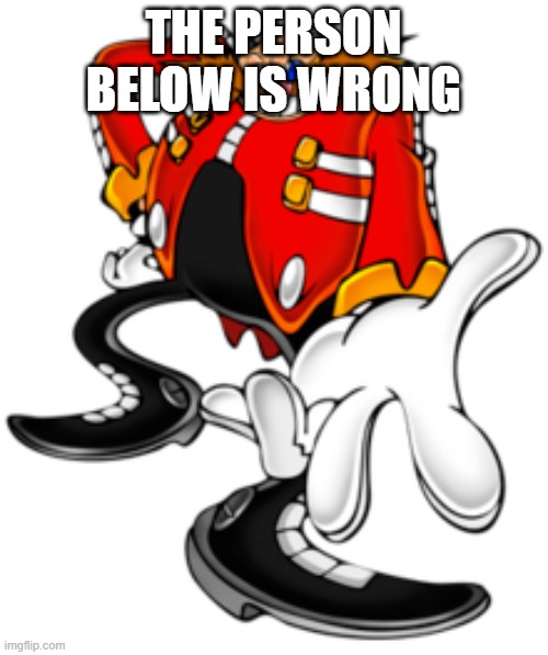 Dr. Eggman | THE PERSON BELOW IS WRONG | image tagged in dr eggman | made w/ Imgflip meme maker