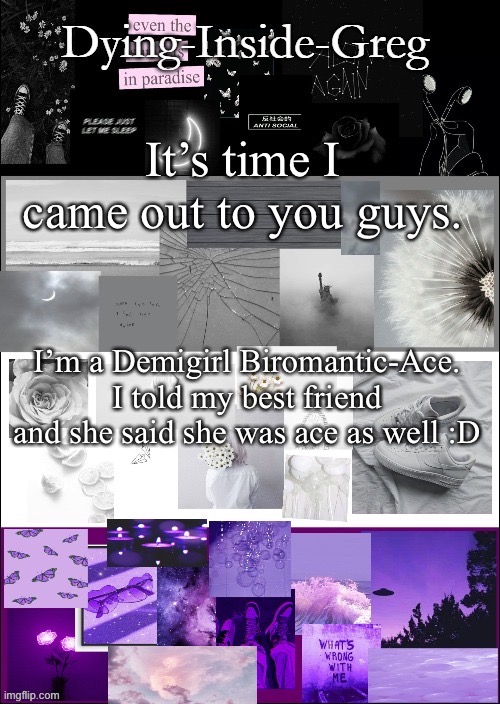 It’s time I came out to you guys. I’m a Demigirl Biromantic-Ace.
I told my best friend and she said she was ace as well :D | image tagged in my template | made w/ Imgflip meme maker